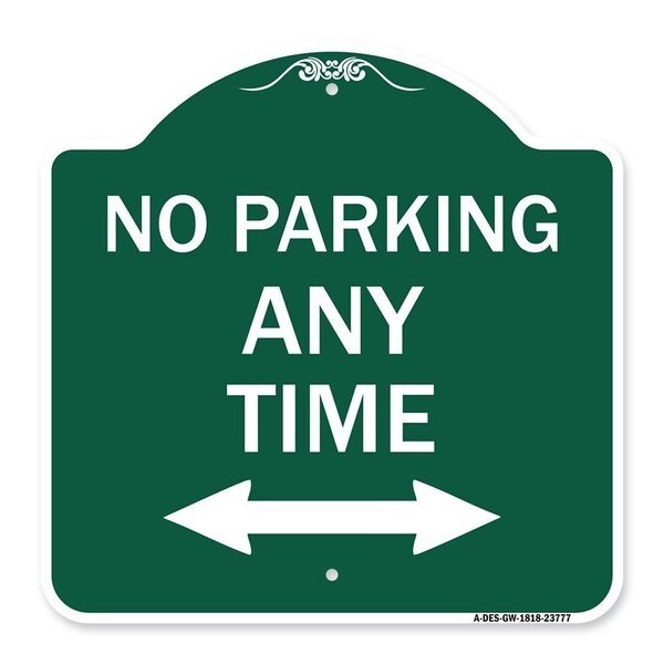 No Parking Anytime W/ Bidirectional Arrow, Green & White Aluminum Sign, 18